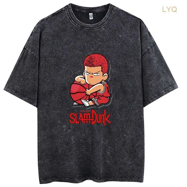 Camisetas para hombre, camiseta lavada Vintage, camisetas de algodón de manga corta con estampado de anime Sakuragi Hanamichi, ropa de calle de gran tamaño Harajuku para hombre