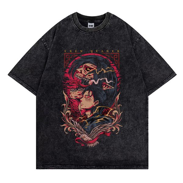 T-shirts pour hommes Vintage Washed T-shirts Attack On Titan Imprimé T-shirt Hommes Harajuku Oversize Tee Couple Coton Mode Hommes Y2k Streetwear 230705