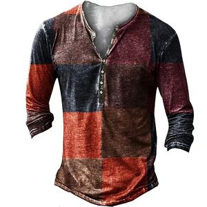 T-shirts voor heren vintage met knop etnisch patroon afdrukken lente herfst los o-neck lange mouw oversized t shirts mannelijke kleding 230317