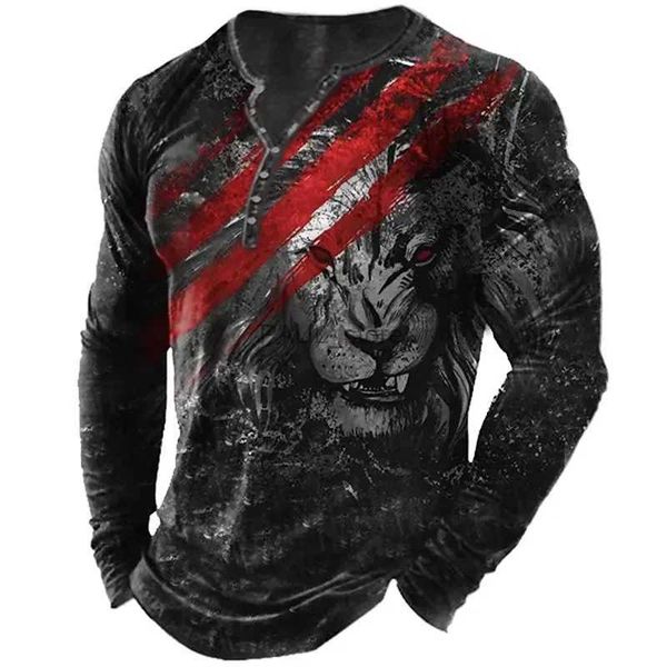 Camisetas para hombres Camiseta de lobo vintage para hombres Manga larga 3D Lion estampado Top 2023 Ropa de gran tamaño para hombres O Neck Casual Tee Male Tees Streetwearl2404