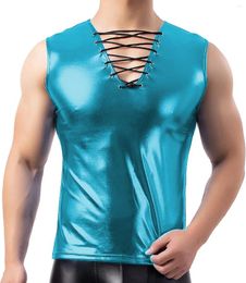 T-shirts pour hommes Vinyle Métallique Col V À Lacets Hommes Débardeurs Party Show Club Sans Manches Slim T-shirt Mâle Brillant Fitness Sport Gilet Blouse