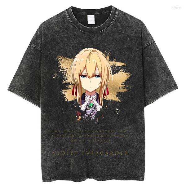 T-shirts pour hommes Violet Evergarden Vintage T-shirts lavés pour hommes Impression numérique Anime Graphic Shirt Harajuku T-shirt d'été surdimensionné