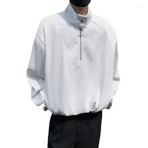 T-shirts pour hommes gaufre pour hommes mode col haut fermeture éclair à manches longues T-shirt ample couleur blanche unie décontracté vêtements de rue
