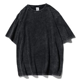 Camisetas para hombre Camiseta de manga corta de algodón desgastado lavado Hombres Verano Negro Cuello redondo Japonés Retro de gran tamaño Top Streetwear 230313