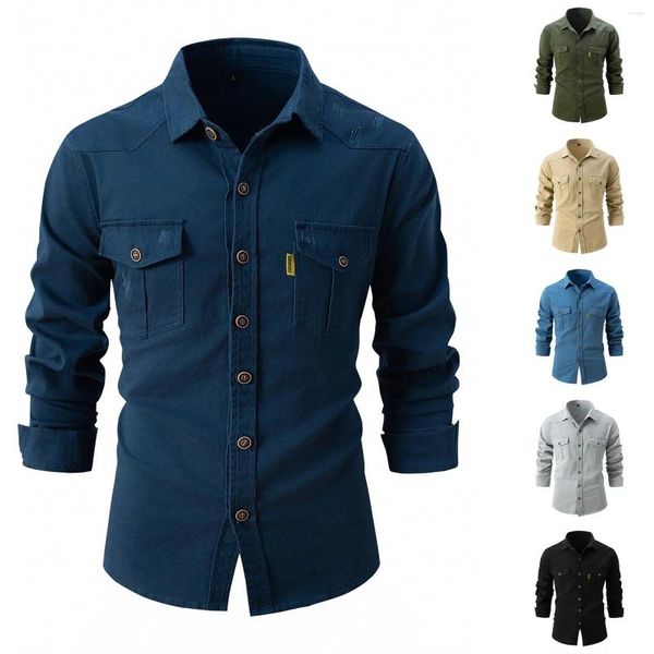 Camisetas para Hombre Lavada Elástica Algodón Puro Casual Moda Negocios Camisa De Manga Larga Estampado con Botones