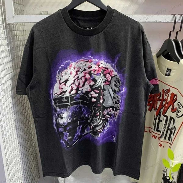 T-shirts pour hommes Lavé Vieux Casque Graffiti Imprimer Hell T-shirt Lâche Polyvalent Col Rond À Manches Courtes T-shirt Hommes Wome Star Top Tee T240126