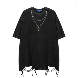 Heren T-shirts Gewassen Old Ripped T-shirts met korte mouwen Streetwear Zomer Hip Hop Trend Cross Ketting Decoratie Tees Losse O-hals Tops