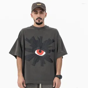 Camisetas para hombre, camisa con estampado de ojos de llama de espuma Vintage lavada, camiseta de gran tamaño gris de calidad 1:1 para hombre y mujer, camisetas superiores