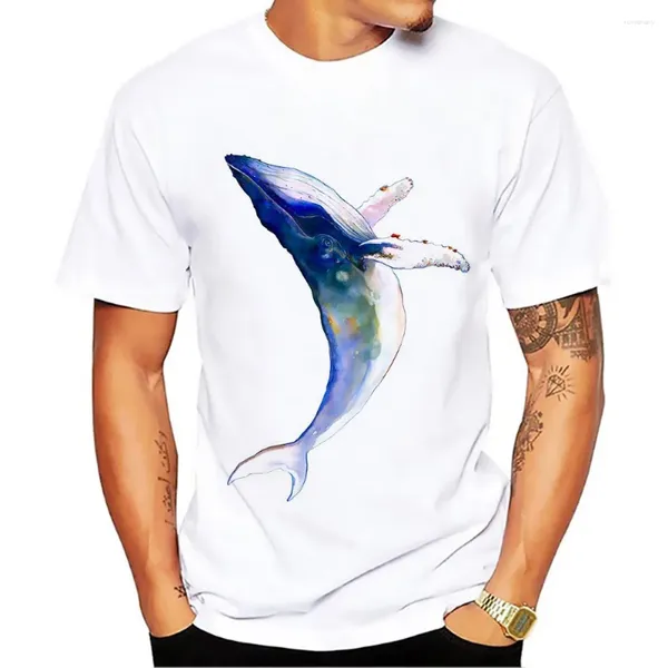 Camisetas para hombres Acuarela Azul Ballena Camiseta Hombres Verano Blanco Manga corta O-cuello Camisa casual Sin pegamento Impresión