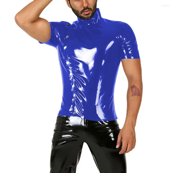 Camisetas para hombre Wetlook PVC Cuero con botones Tops para hombre Nighclub Party Cuello alto Camiseta de manga corta Sissy Male Faux Latex Slim Tees 7XL
