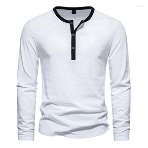 T-shirts pour hommes Blanc Coton Henley Chemise Hommes 2023 Marque Slim Fit Manches Longues Boutonné Vêtements de Travail Streetwear Casual Tops Tees