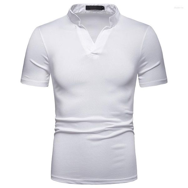 Camisetas para hombre, camiseta Henley blanca, camiseta de manga corta ajustada de buena marca para hombre, camiseta informal con cuello en V, camiseta básica de Color sólido para hombre