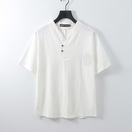 Hommes t-shirts blanc hommes vêtements 2023 chemise t-shirt marque lin t-shirts 5 couleurs col en V décontracté pour homme grande taille M-9XL Style chinois