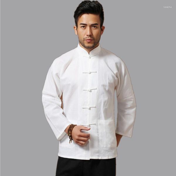 Camisetas para Hombre, camisa blanca de manga larga de lino y algodón para Hombre, ropa Tang de estilo chino clásico, camisetas de talla grande para Hombre, Tops para Hombre