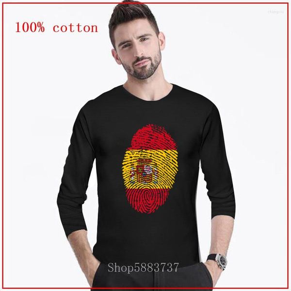 Camisetas para hombre, venta al por mayor, camiseta larga divertida con huella dactilar de la bandera de España, camiseta informal de algodón con cuello redondo y manga a la moda para hombre