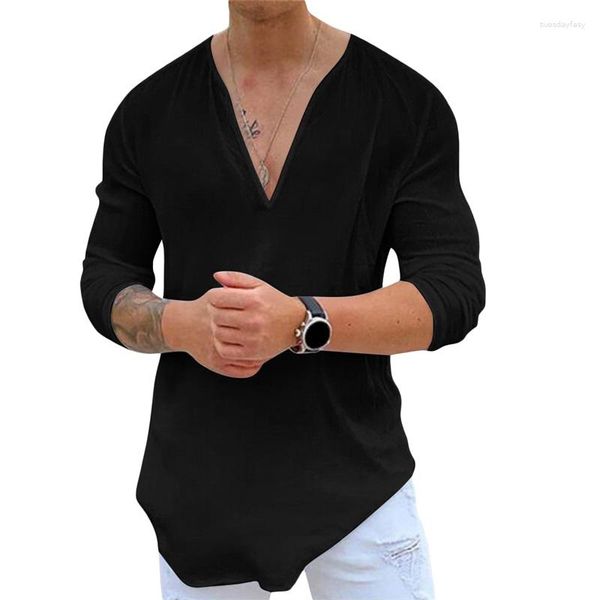 T-shirts pour hommes Winkinlin Hommes Chemise à col en V profond Couleur unie Manches longues Coupe ample Sweat-shirt Cual Baggy Pull Tops