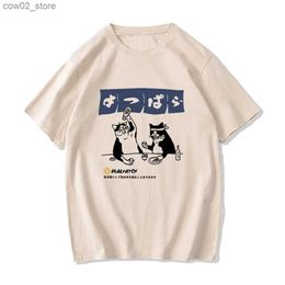 T-shirts hommes femmes t-shirt streetwear japonais harajuku drôle boire chat t-shirt 100% coton été dessin animé t-shirt unisexe hip hop hauts tees Q240201