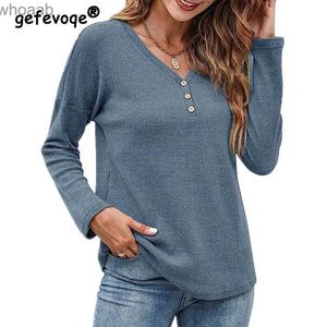 Heren T-shirts Dameskleding 2023 Herfst Winter Trendy V-hals Lange mouwen Losse Basic T-shirts Dames Y2K Effen Casual Street chic Knopentops 240130