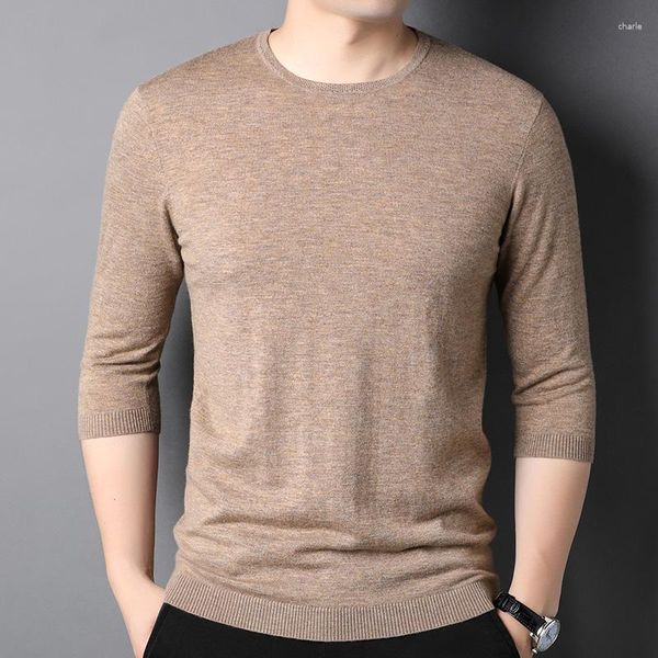 Camisetas de lana para hombre, camiseta de manga tres cuartos, cuello redondo, suéter fino de primavera y verano, camisa de punto transpirable