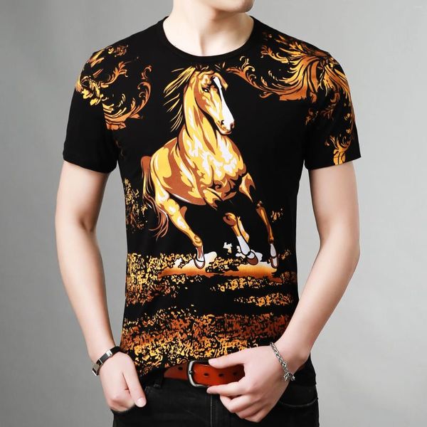 T-shirts pour hommes Yellow Horse 3D Imprimer à manches courtes Chemise à col rond pour hommes Casual Summer Qualité Coton Doux Confortable Premium Camisetas