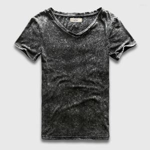 Camisetas para hombre Zecmos, camiseta negra Vintage para hombre, talla China, moda lavada pesada para ajuste Delgado, camisetas con cuello en V, camisetas de manga corta para hombre