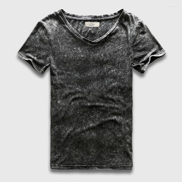 Camisetas para hombre Zecmos, camiseta negra Vintage para hombre, talla China, moda lavada pesada para ajuste Delgado, camisetas con cuello en V, camisetas de manga corta para hombre