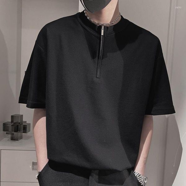 Camisetas para hombres Cremallera Verano Hombres O Cuello Camisa de manga corta Vintage Moda Casual Oversize Streetwear Top Negro Blanco 2023 Plain