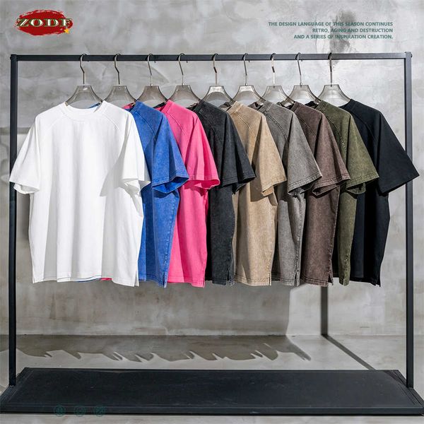 T-shirts pour hommes ZODF 2023 Summer Batik Washed T-shirts pour hommes Unisexe surdimensionné High Street Side Slit Raglan Sleeve 270gsm Cotton T-Shirt HY0504 G230301