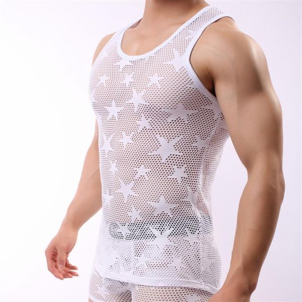 Conjuntos de tanque para hombre, ropa interior sexy gay a la moda para el hogar, chaleco con perspectiva de malla Sexy, camiseta sin mangas transpirable con malla de estrella blanca y negra 268d