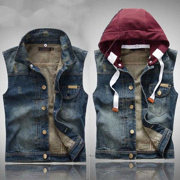 Débardeur pour hommes en gros - Le nouveau gilet de moto en denim rétro tendance de la mode 2023 avec capuche simple gilet en jean déchiré slim sans manches Colete hommes