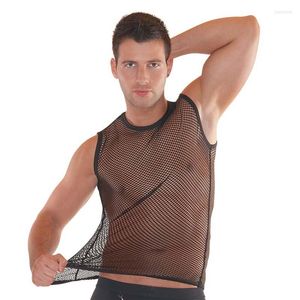 Herentanktops 2022 sexy mode visnet gaas voor mannen kleren vest transparante fetisj mannelijke kerel zwarte mouwloos nettop kleding