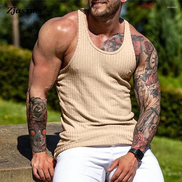 Camisetas sin mangas para hombre 2023, moda informal de Color sólido, ropa de calle de verano de hilo grueso, chalecos ajustados de entrenamiento para hombres, chalecos musculares para espectáculos de Fitness