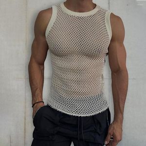 Mannen Tank Tops 2023 Fashion Hollow Gebreide Vest Zomer heren T-shirt Effen Casual O-hals Trui Sexy 2yk Strakke Unisex mouwloze Top