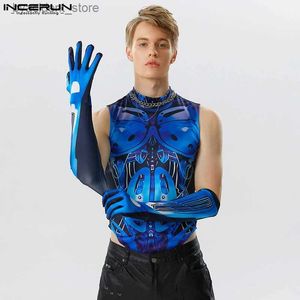 Herentanktops 2023 Men Bodysuits 3D Drukt Turtleneck Mouwess Golves Fitness Male rompers tanktops Sexy Fashion Bodysuit S-5XL L240319