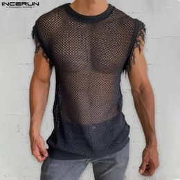 Camisetas sin mangas para hombres 2023 Hombres Malla Patchwork Borla O-cuello Sin mangas Chalecos sexy Streetwear Fiesta elegante Ropa transparente INCERUN