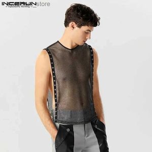 Camas de tanques para hombres 2023 Men Tank Tops Mesh Patchwork Transparente O-Neck Singlevess Chalecos Sexy Streetwear Fashion Party Men Clothing S-5XL L240319