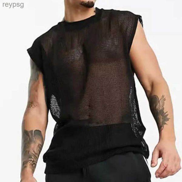 Camisetas sin mangas para hombre 2023, camisetas sin mangas para hombre, retales de malla transparente, transpirable, cuello redondo, sin mangas, ropa sexy para hombre, chalecos de moda de verano M-3XL YQ240131