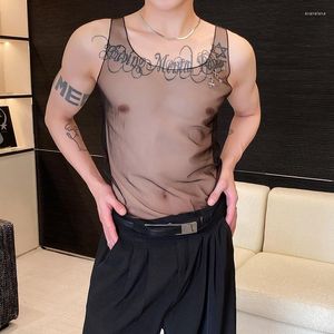 Herentanktops 2023 Spring Summer Night Club Fashion Sexy Mesh Top Mens Harajuku See-Through Outerwear