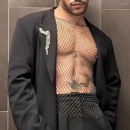Débardeurs pour hommes 2024 Flash Diamond Hollow Vest Mesh Nombril-Baring Mens Sexy Fishnet Perspective Discothèque Lgbt Sous-vêtements