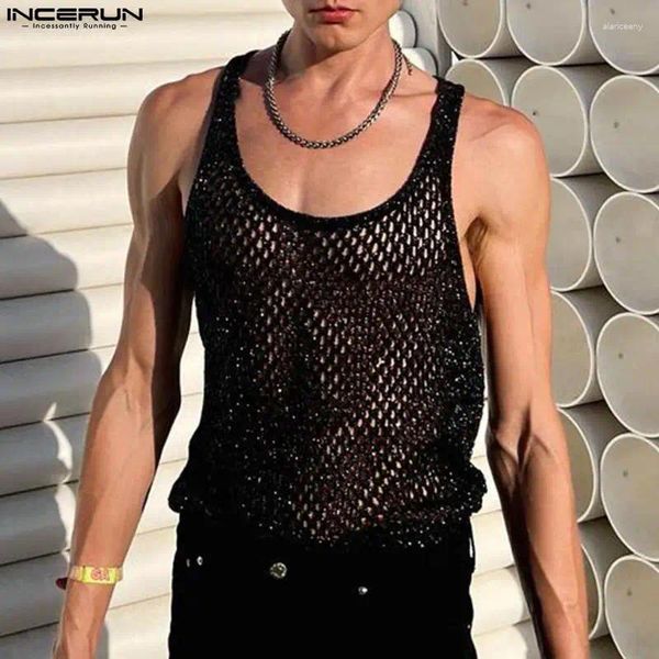 Camas de tanques para hombres 2024 Hombres malla transparente O-cuello O-cuello streetwear ropa fitness sexy chalecos de moda de fiesta sólida incerun