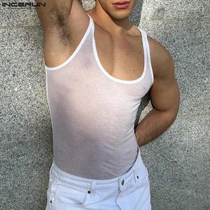 Heren Tanktops 2024 Mannen Effen O-hals Mouwloos Ademend See Through Sexy Vesten Streetwear Mode Dunne Kleding INCERUN S-5XL