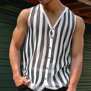 Heren tanktops 2024 mannen gestreepte mesh transparant sexy v nek mouwloze knop zomervesten streetwear mode kleding Incerun