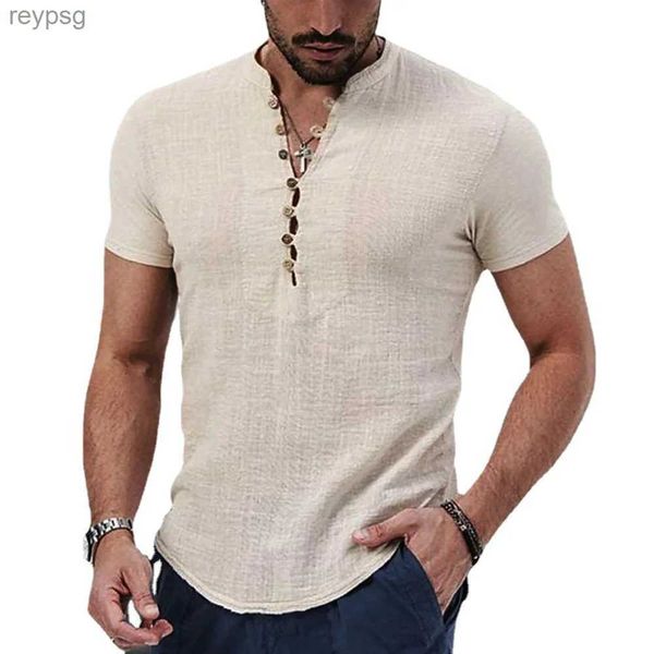 Débardeurs pour hommes 2024 Nouveaux hommes à manches courtes T-shirt col en V bouton coton chemise en lin hommes vêtements décontractés hauts populaires pour hommes YQ240131