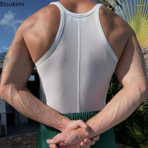 Débardeurs pour hommes 2024 printemps été décontracté gilet côtelé t-shirt hommes blanc col ras du cou sans manches mince basique pour hommes mode maigre