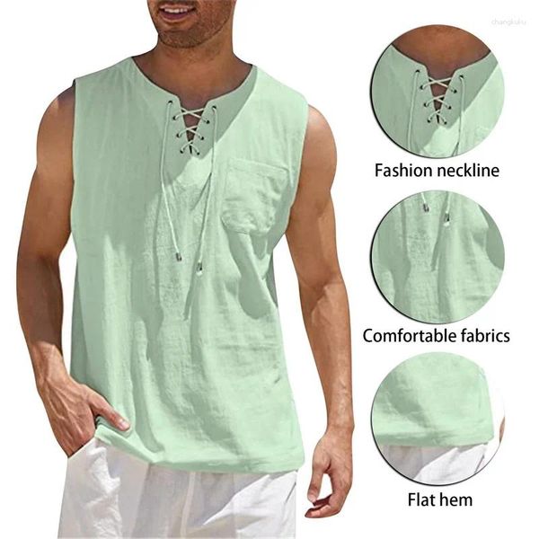 Débardeurs pour hommes 2024 été lin vente chemise haute à lacets mode couleur unie décontracté coton lin à manches courtes T-Shirt