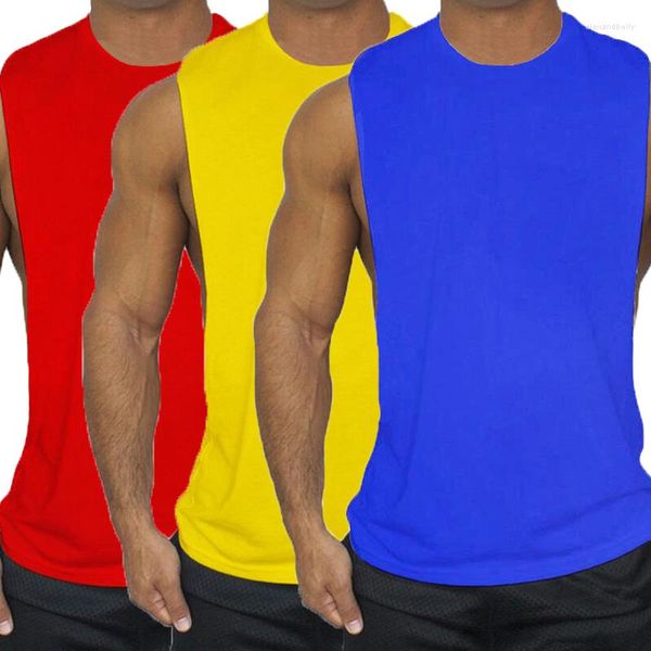 Camisetas sin mangas para hombre, paquete de 3 chalecos de culturismo de algodón sólido, camiseta de gimnasio para hombre, moda de verano para Fitness, camiseta sin mangas para entrenamiento muscular lateral abierto