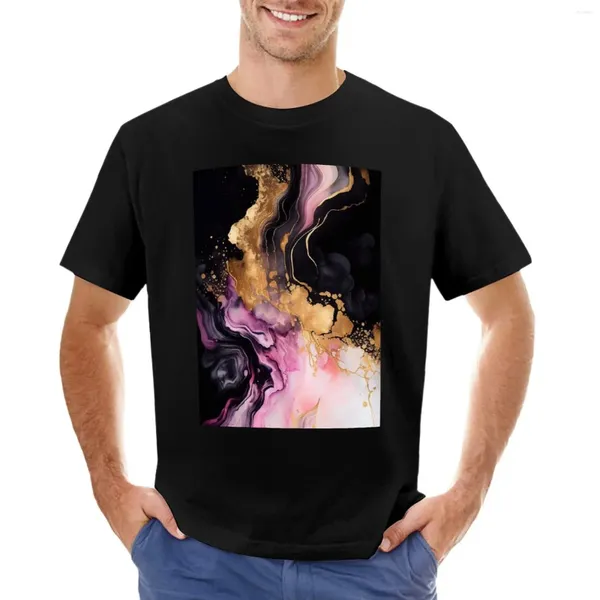 Camisetas sin mangas para hombre, camiseta abstracta de color rosa con tinta dorada, camisetas pesadas para niños, hombres lisos de gran tamaño