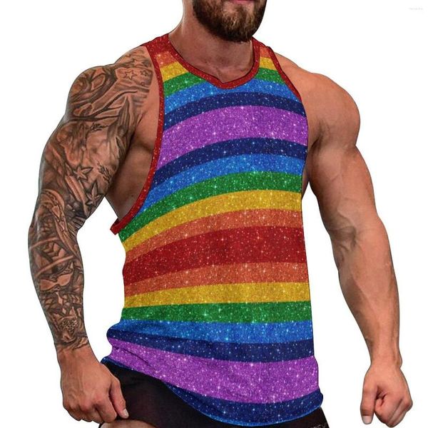 Regatas masculinas Bling Me Up Rainbow Daily Top Listrado Arte Glitter Treinamento Homens Gráfico Cool Mangas Camisas Plus Size