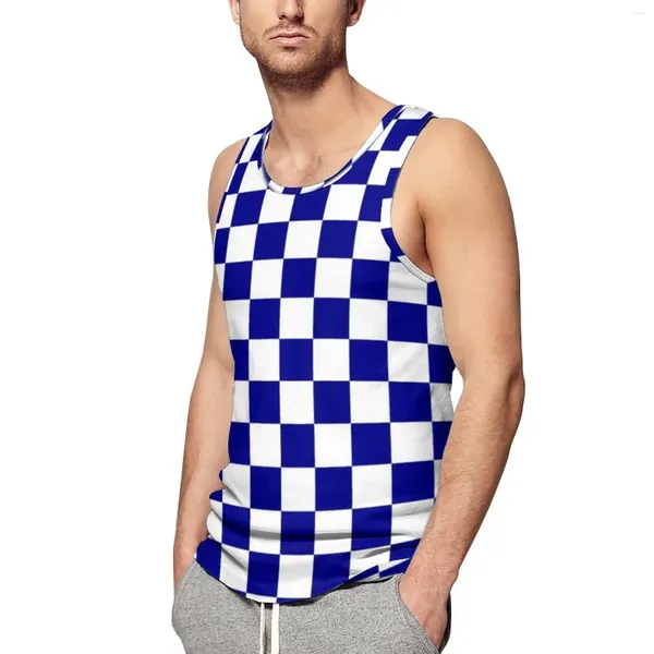 Débardeurs pour hommes Tops bleu et blanc Top en damier Hommes Racing Flag Checkered Entraînement Oversize Summer Cool Graphic Gilets sans manches