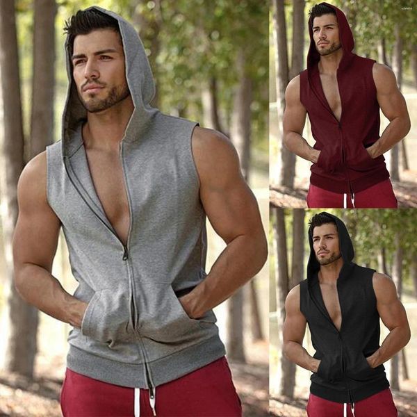 Camisetas sin mangas para hombres Marca Gimnasios con capucha Doble cremallera Hombres Culturismo Algodón Chaleco sin mangas Sudadera Fitness Entrenamiento Ropa deportiva Top Masculino